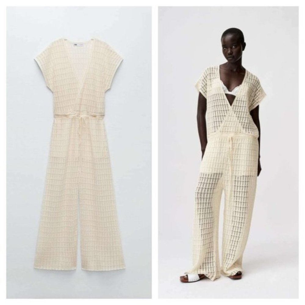 ZARA MESH KNIT WIDE LEG JUMPSUIT